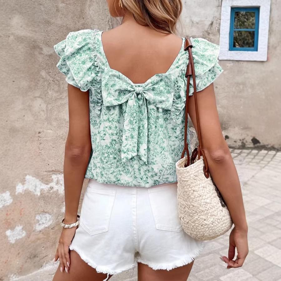 Women's Printed Summer Fashion Back Bow Tiered Ruffled Short Sleeve Shirt