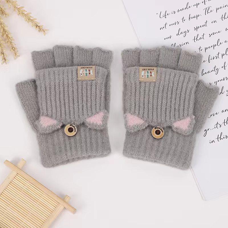 Winter Warm and Cute Cartoon Plush Half-finger Flip-top Student Writing Children's Cold-proof Knitted Gloves for Men and Women