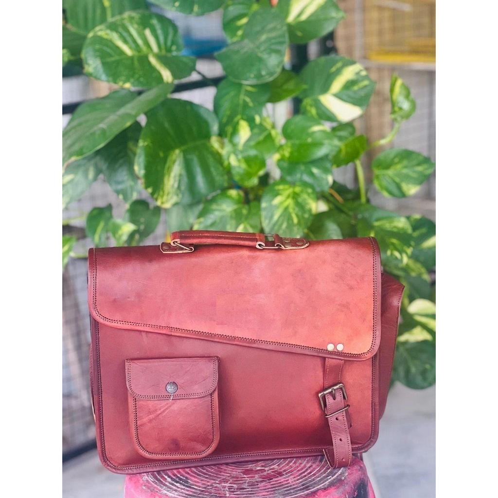 Bolsa Mensageiro para Laptop de Couro Genuíno Marrom Vintage e Bolsa de Ombro Masculina