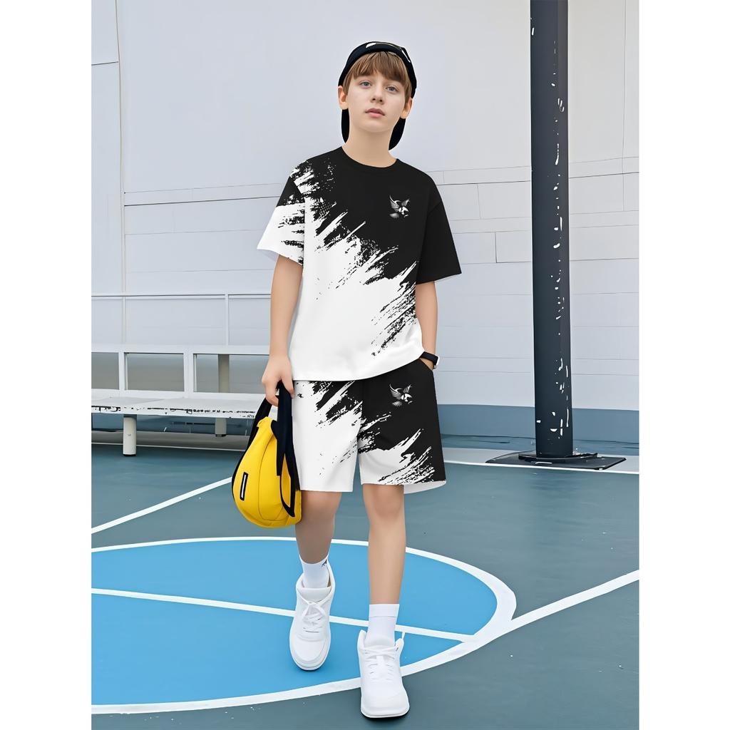 Summer New Gradient Print Top Short Sleeve Shorts Two-Piece Boys' Shirt Set, Perfect for Outdoor