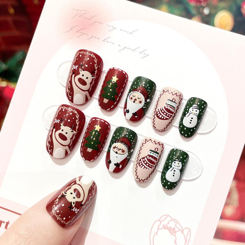 Santa Claus Elk Snowman Cartoon Print Fake Nails for Christmas Party 24pcs Wearable Press On Nail Patch Artificial Wear Nails