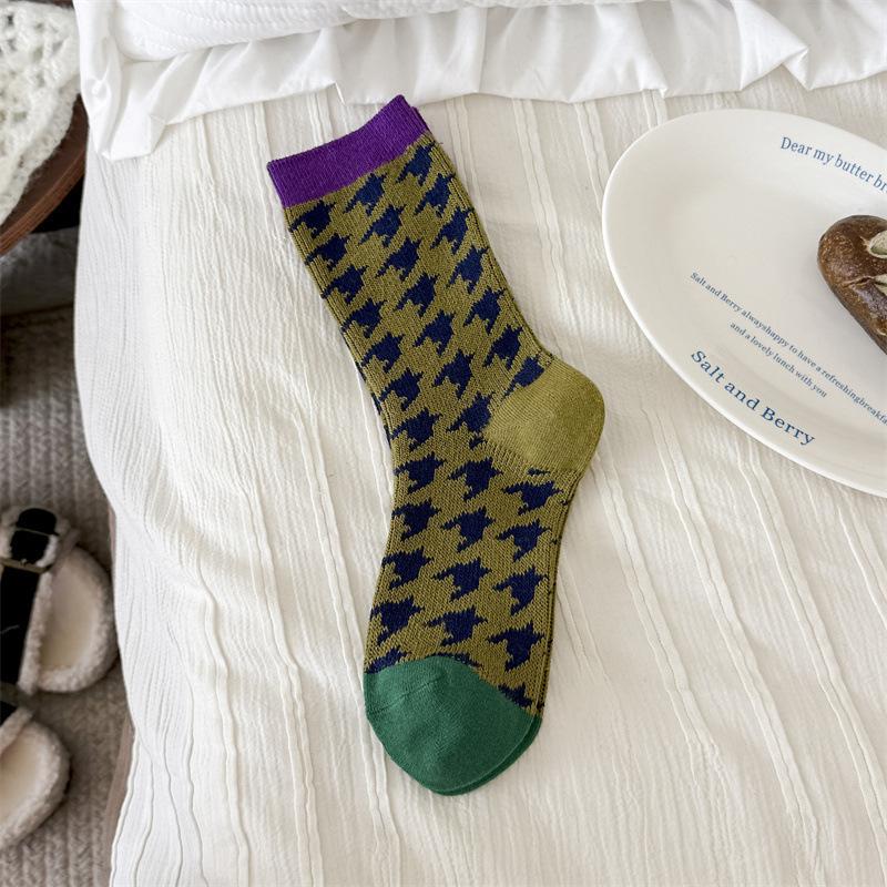 Female Autumn and Winter Retro Art Thousand Bird Lattice Geometric Small Design Tube Stack Socks