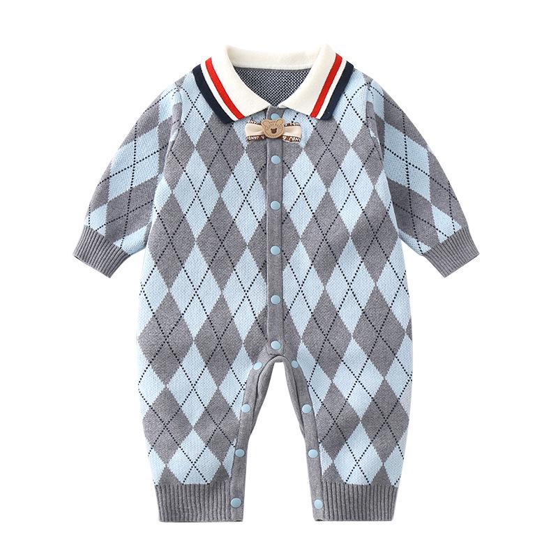 British Style Newborn Knit Romper – Baby Boy Stand Collar Wool Jumpsuit 73cm серый