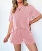 Women Casual Two Piece Set Short Sleeve Round Neck Top Elastic Waist Shorts