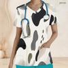 Women Plus Size Nurse Scrub Top V Neck Short Sleeve Abstract Printed With Front Pockets