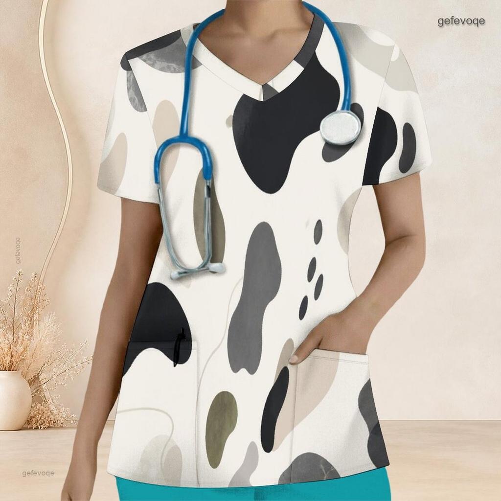 Women Plus Size Nurse Scrub Top V Neck Short Sleeve Abstract Printed With Front Pockets