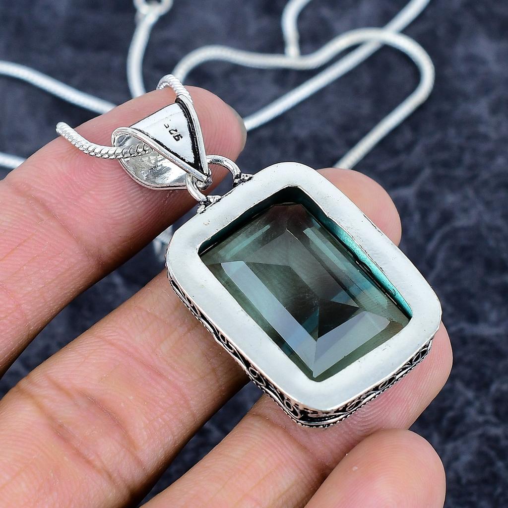 Green Amethyst Gemstone Handmade 925 Sterling Silver Jewelry Pendant 1.89" M-3205