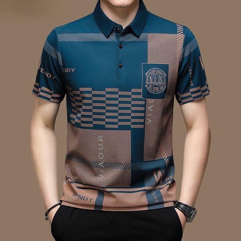 Summer T Shirts for Men Short Sleeve Turn-down Collar Letter Printing Button Striped Polo Tees Fashion Pullover Tops