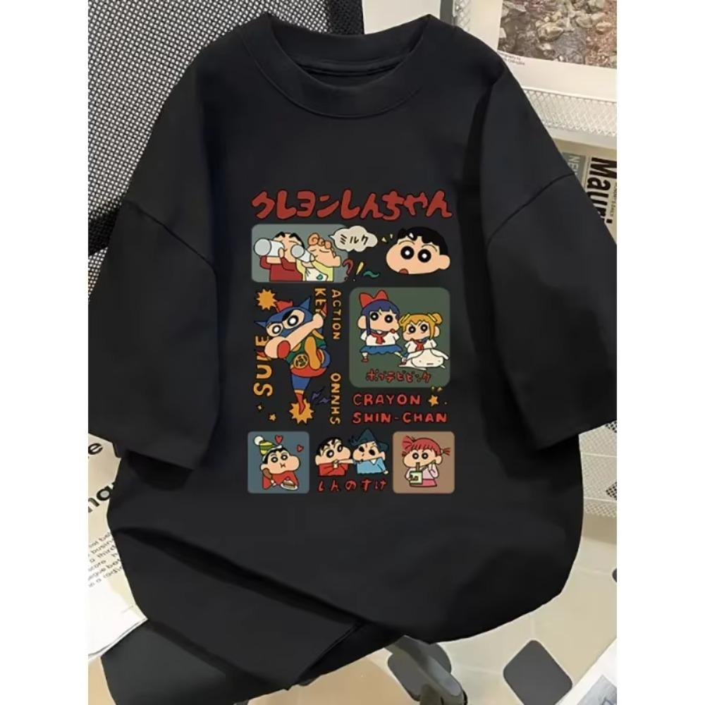 

2025 Summer Crayon Shin-chan Cartoon Character T-shirt Harajuku Pattern Printing American Sexy Women s T-shirt XXXXXL чёрный