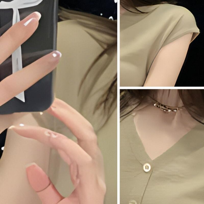 Summer V Neck Slim Fit Casual Knitted T-shirt Women Fashion Elegant Short Sleeve Tshirts Tops Office Lady Vintage Button Up Women's Tee Shirt 24845