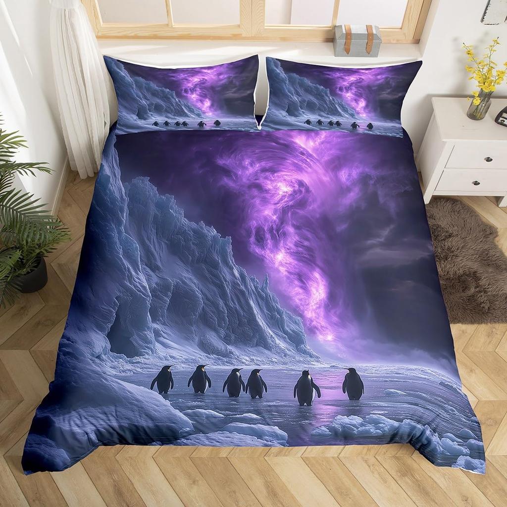 Penguin Duvet Cover Twin Queen Size Antarctic Animal Bedding Set For Kids Boys Girl Cartoon Black White Wildlife Comforter Cover