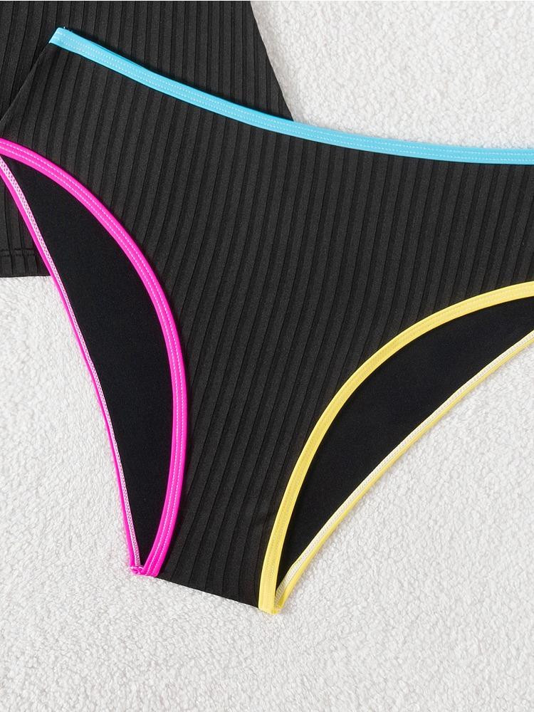 Color Block Ribbed Tank Top High Waist Two Piece Bikini Set Fashion Elegant Summer Wear