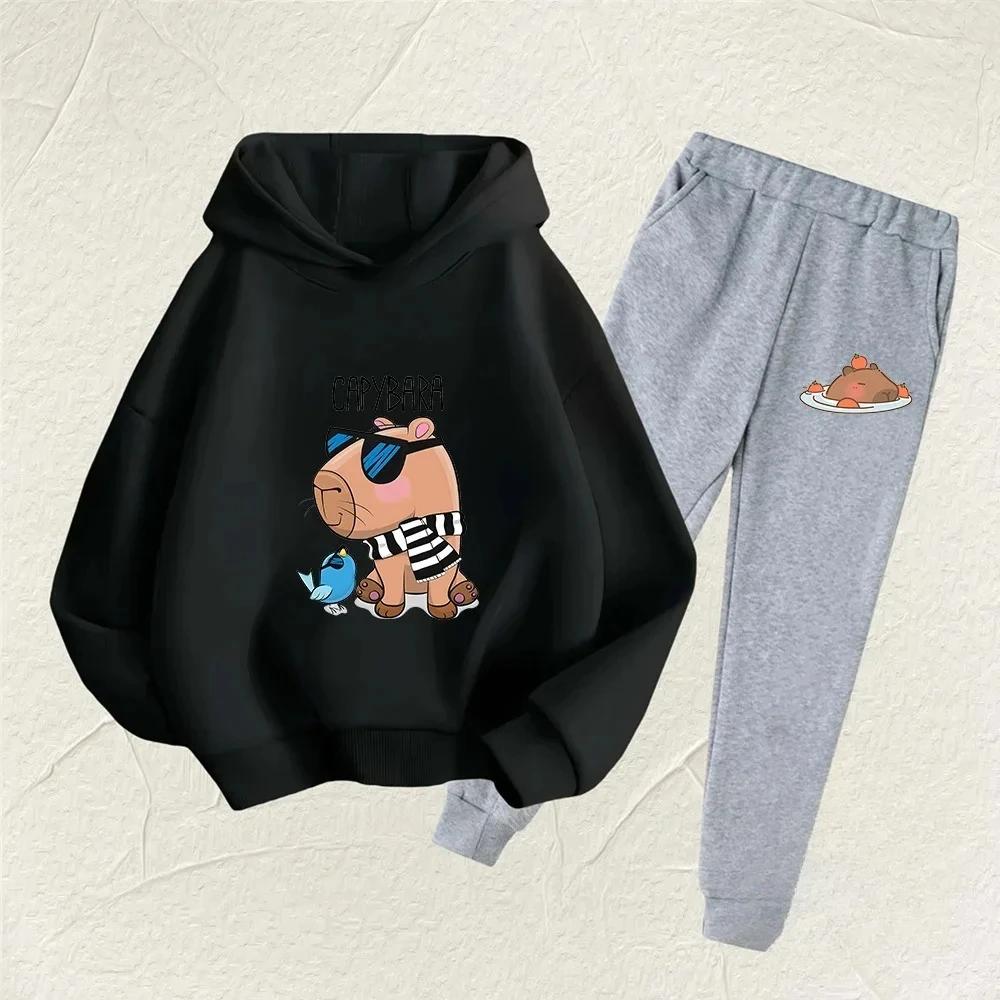 Autumn Winter New Capybara Cartoon Print Outfit Kids Hoodie Set Boys Girls 3-17 Casual Fashion Children's Set Trousers Pant Suit
