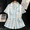 Blue Striped Little White Dog Ice Silk Pajamas Women'S Summer Short Sleeve Student Thin Homewear Set