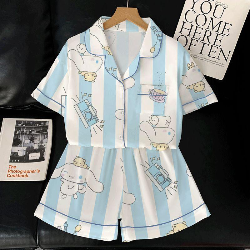 Blue Striped Little White Dog Ice Silk Pajamas Women'S Summer Short Sleeve Student Thin Homewear Set