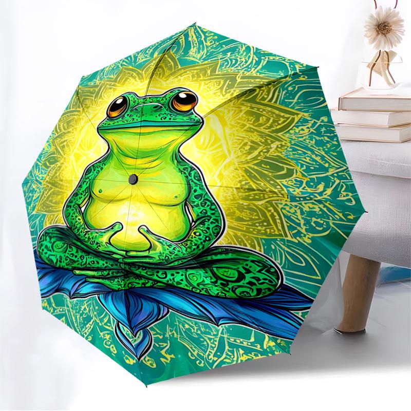 1pc Frog Lotus Flower Fashionable Automatic Opening/Closing Folding Umbrella with 8 Iron Bones, Plastic Handle yy251015059