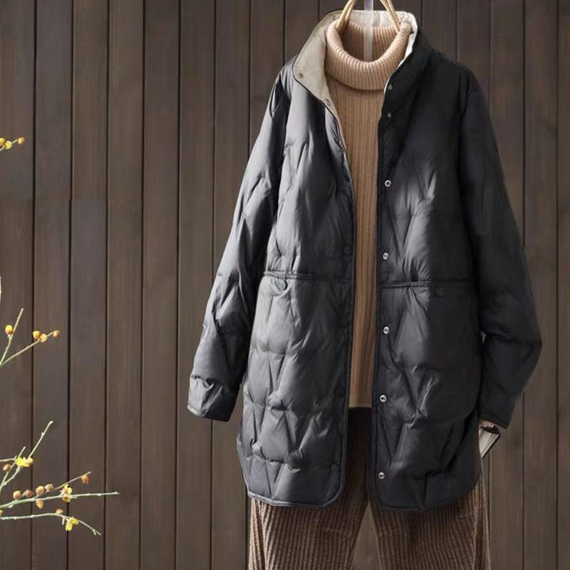 Winter new light down jacket women's medium and long stand-up collar rhombus light down loose large size warm jacket