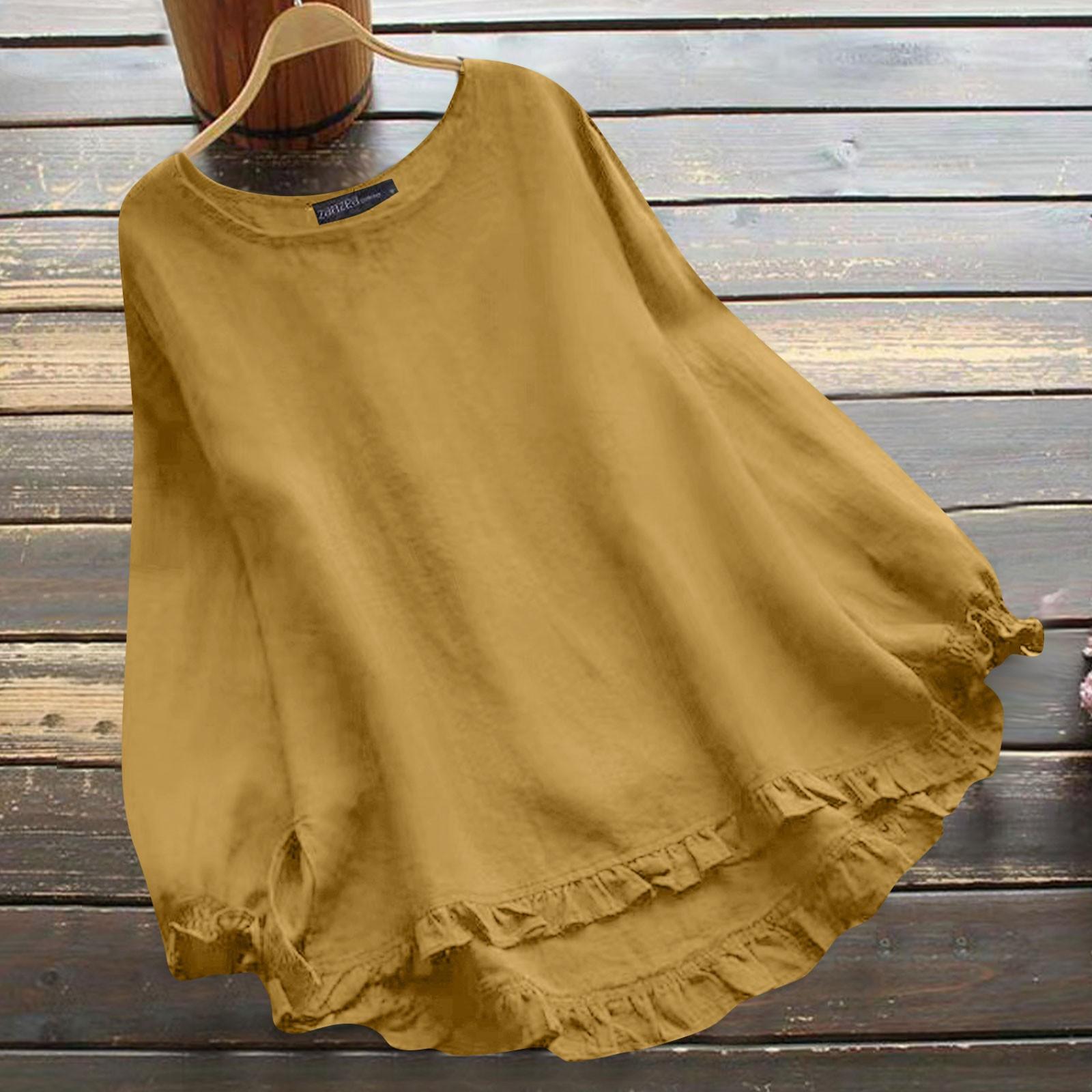 

Женская хлопково-льняная однотонная свободная рубашка с круглым вырезом и длинными рукавами с рюшами S жёлтый