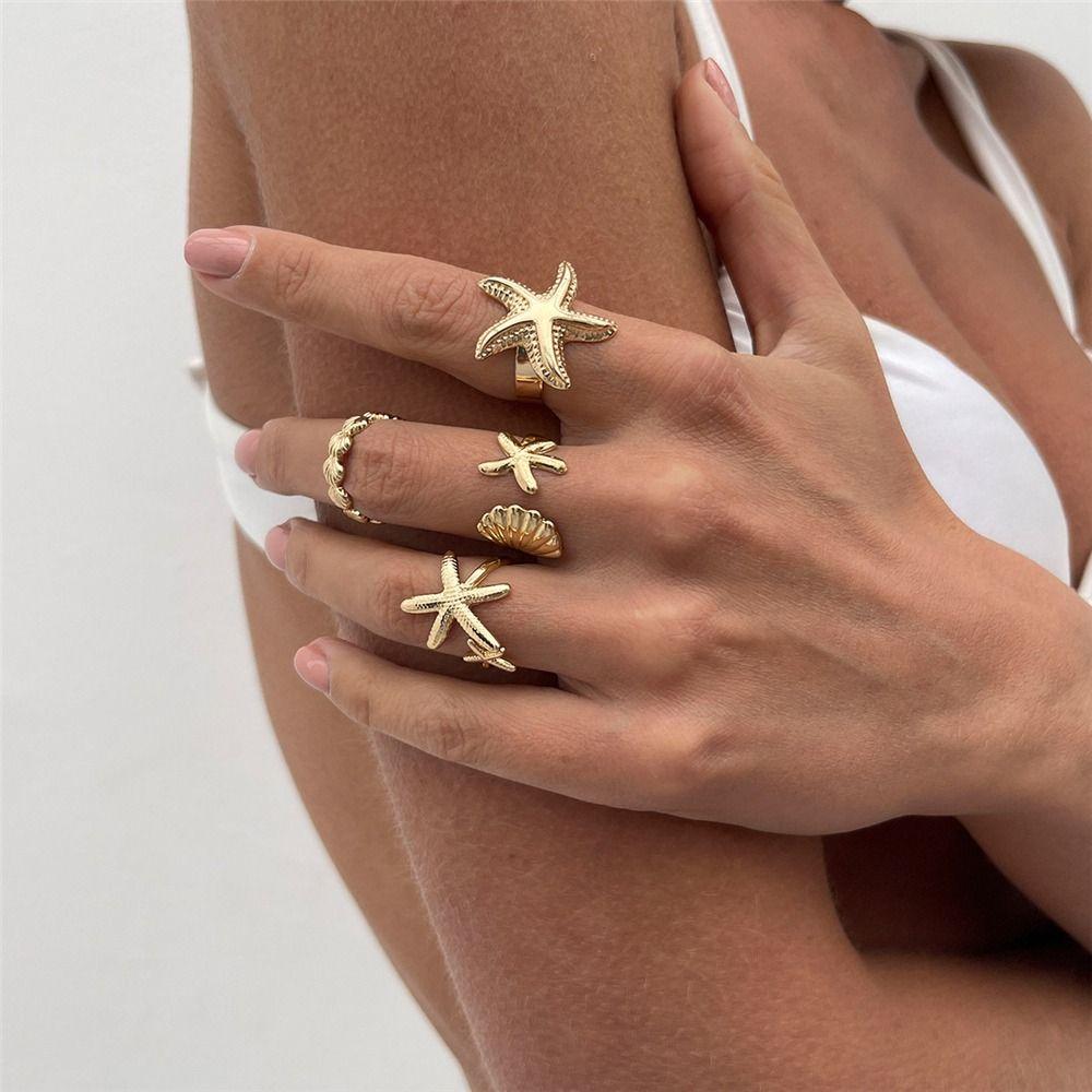 Gold Adjustable Open Rings Starfish Scallop Beach Jewelry Accessories Rings for Women  for Women