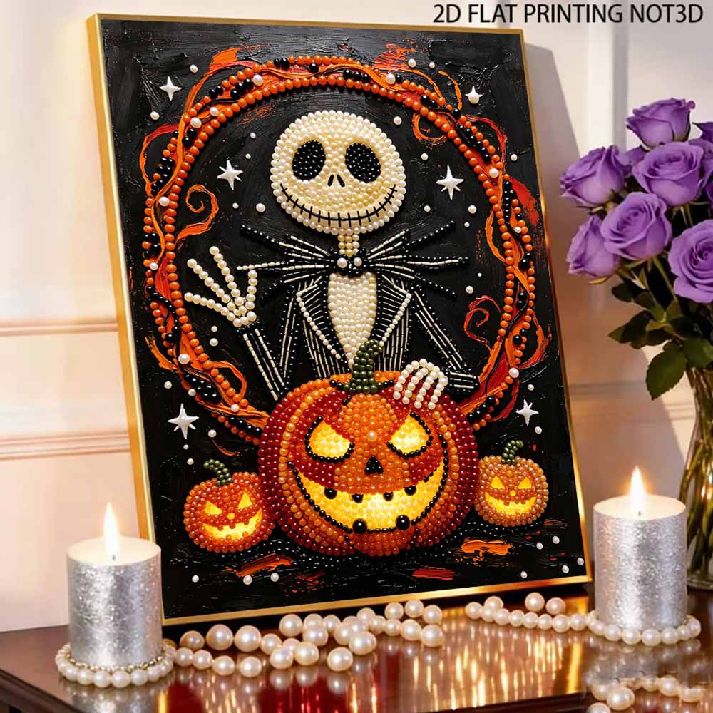 DIY Frameless Pearl Painting Kit Jack Skeleton Pumpkin Pattern 3D Shiny Bead Art Canvas Relaxing Creative Craft Gift Home Decor Wall Art