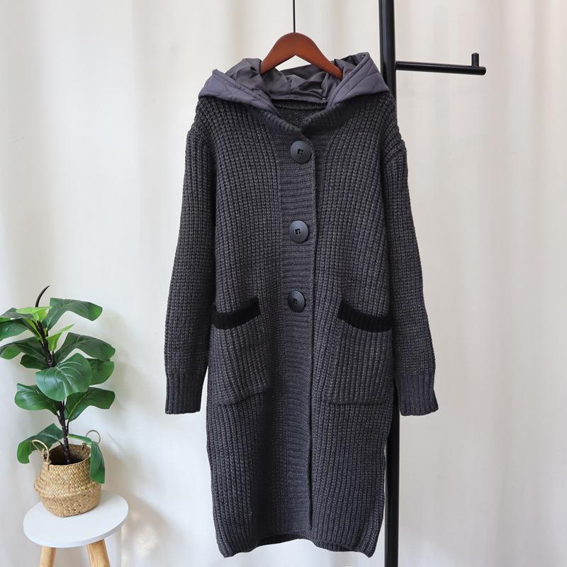 

Утепленная толстовка с капюшоном, хлопковая одежда с цветными вставками, вязаный кардиган, осень-зима, новинка, длинный, до колена, свободный свитер-жакет, женский One size серый