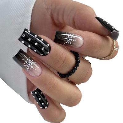 24x Christmas Artificial Nail Snowflake False Nail Rhinestones Press On Nail Full Cover Stick On Nail for Women