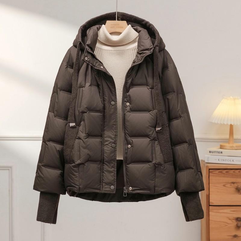 Womens Short Puffer Jacket With Hood White Duck Down Fill Ribbed Cuffs Loose Fit Winter