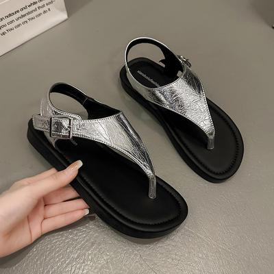 Sommer 2024 Klassische Ledersandalen Damen Römische Schnalle Offene Zehen Strandschuhe Dicke Sohle Leder Fischmaul Kleinigkeitssandalen