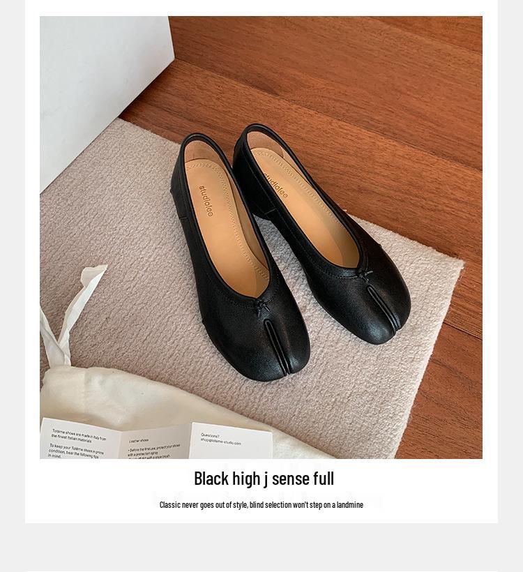 Grape Mom 4cm Lift Sheepskin Ballet Flats, Chunky Heel Split Toe Women's Autumn Shoes.