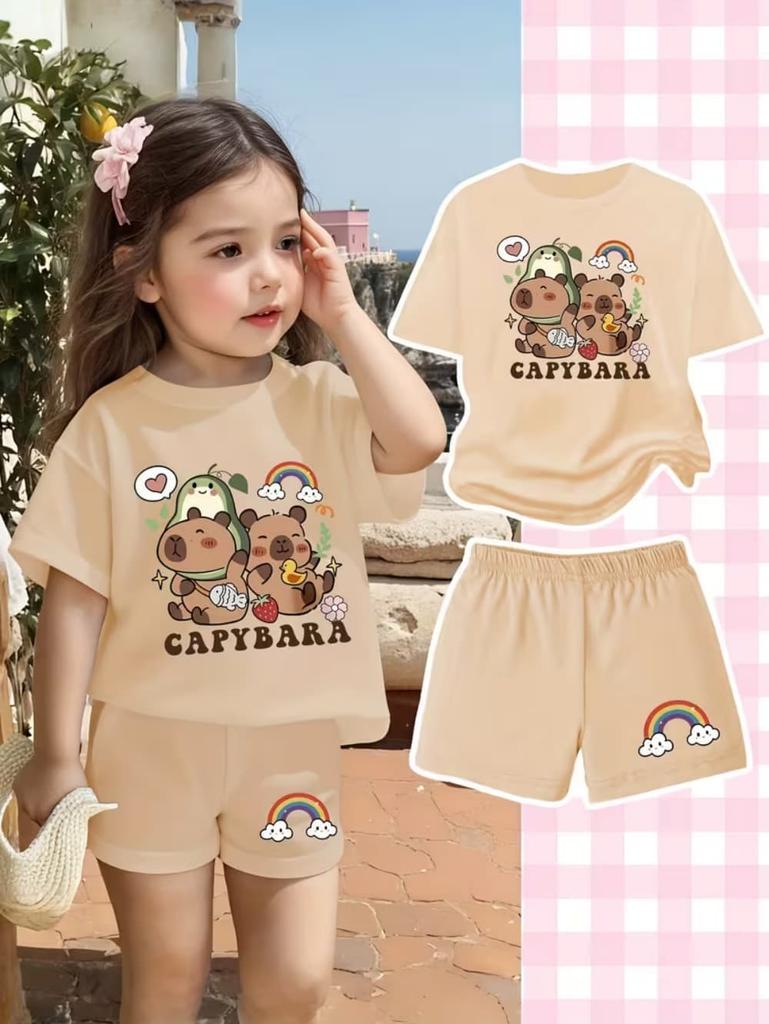 Cartoon Capybara Funny Print Boy Girls Short Sleeved T-Shirt Casual Shorts Children's Set Summer Casual Suit 2 Piece Tracksuits