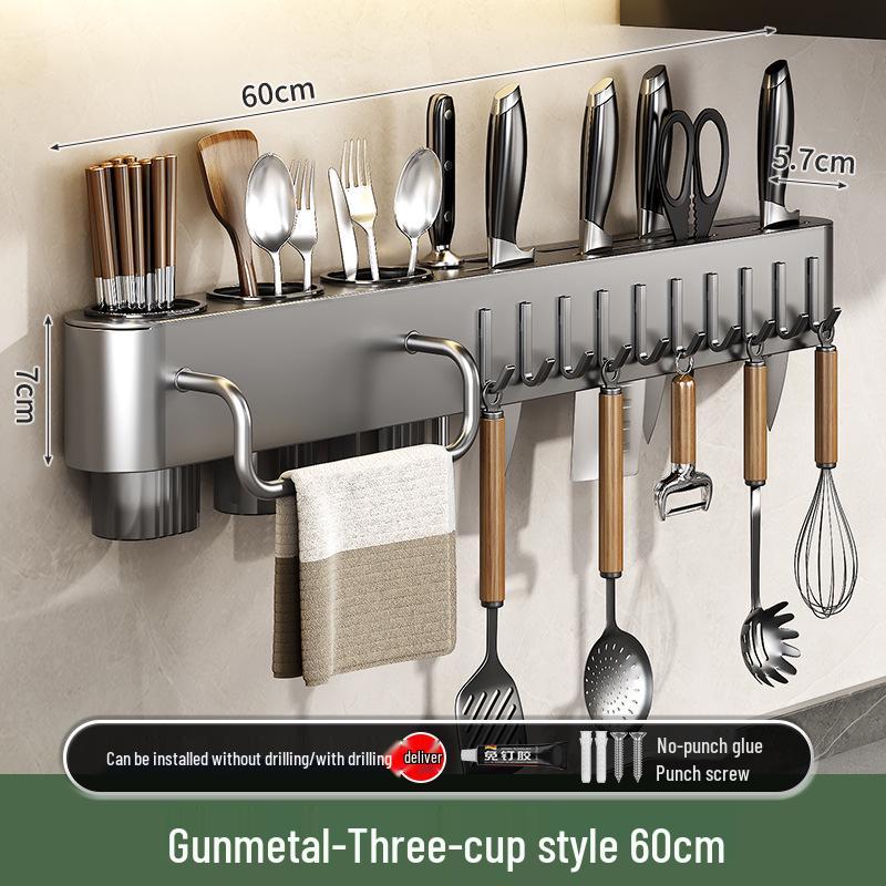 Space-Saving Wall-Mounted Kitchen Organizer: No-Drill Knife, Utensil & Chopstick Storage Rack