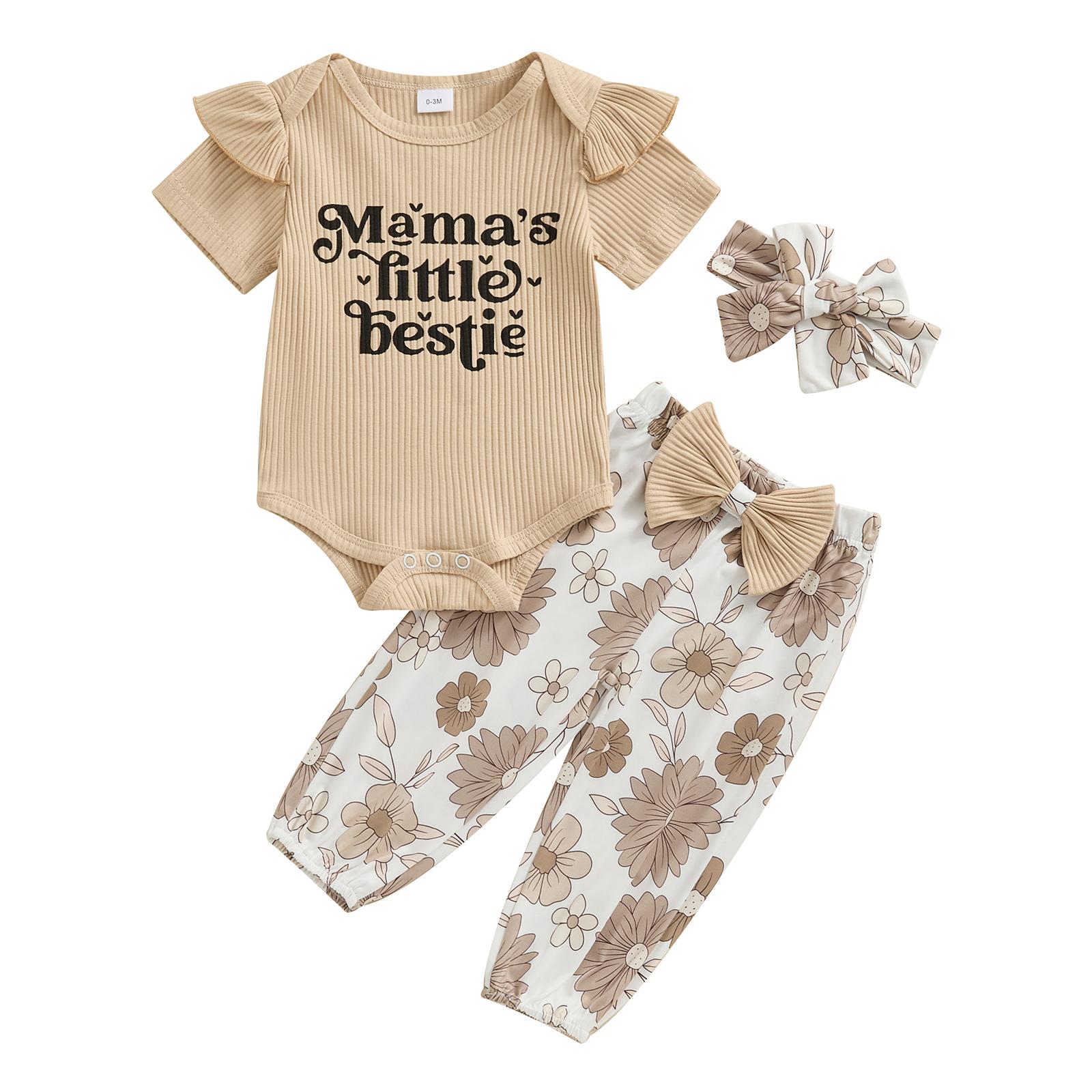 

Летние наряды для девочек с буквенным принтом, комбинезон с короткими рукавами и цветочным принтом, длинные штаны, повязка на голову, комплект из 3 предметов одежды 3-6 Months хаки