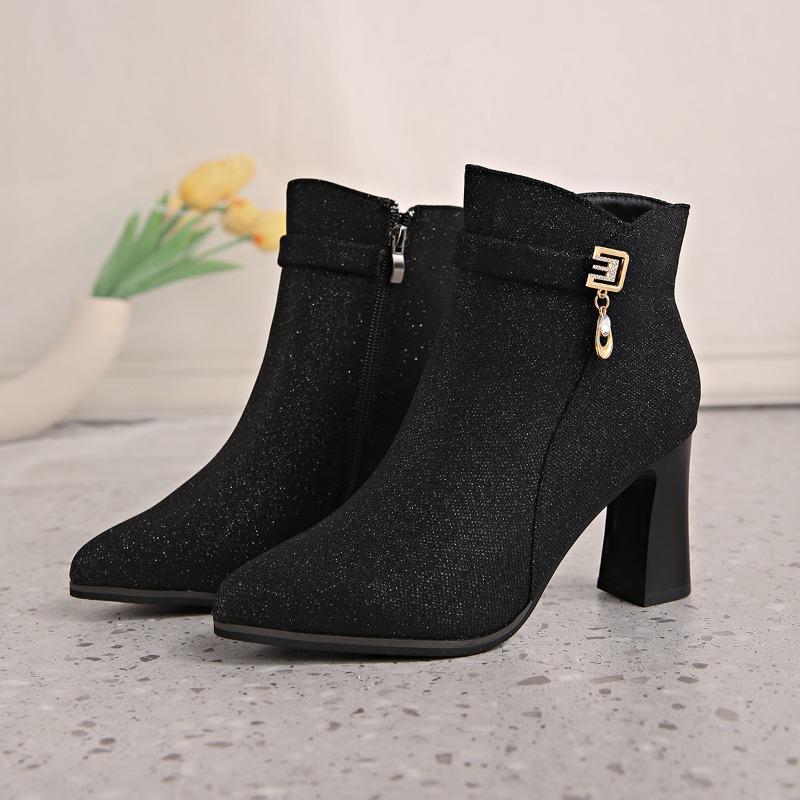 Pointed Toe Versatile Skinny Cloth Top Block Heel Booties Fashion Metal Buckle Side Zipper Non-Slip High Heels