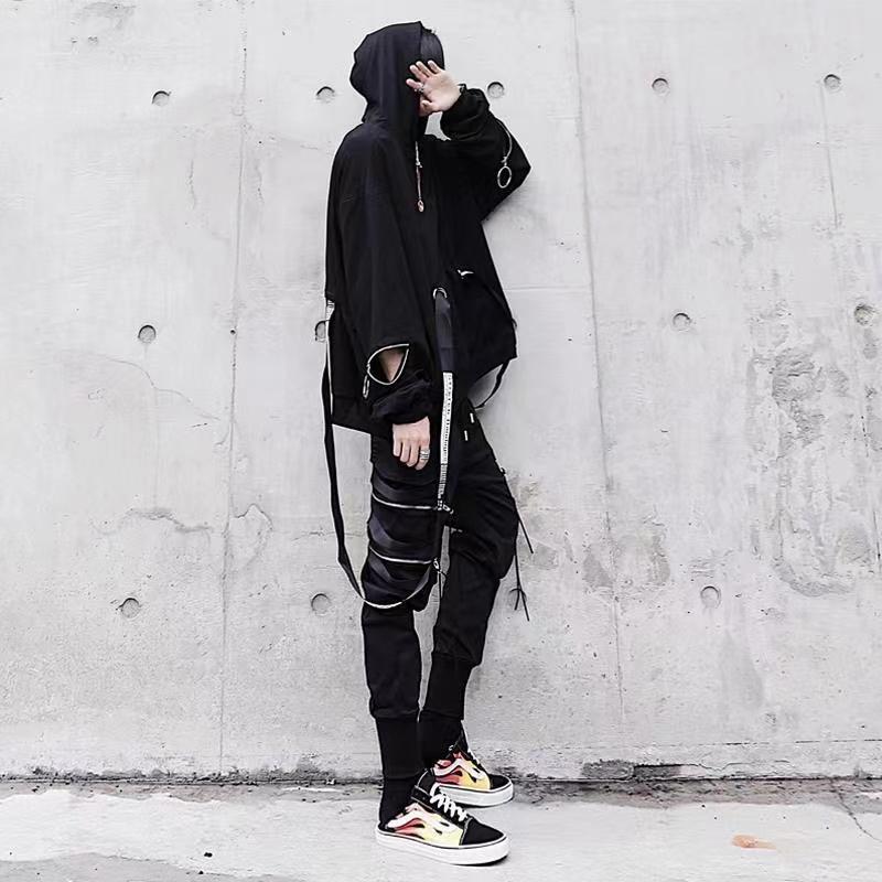 Herren Sets Schwarze Hoodies+Hosen Punk Grafik Reißverschluss Kapuzenpullover Cargohose Herren Übergroß Locker Streetwear Anzüge