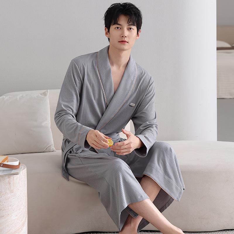 Nightgown Men'S Spring And Autumn Waffle Cotton Long-Sleeved Men'S Spring And Autumn Absorbent Bathrobe Bathrobe Loungewear