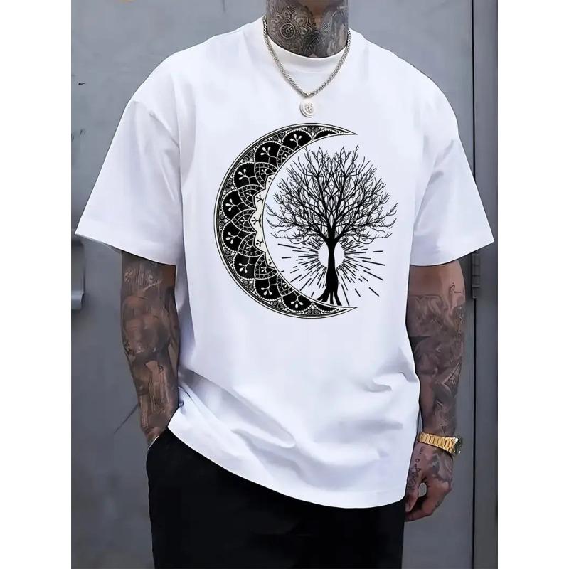 Plus Size Men'S T-Shirt with Tree And Crescent Moon Pattern Comfortable Casual Short-Sleeved T-Shirt for Summer