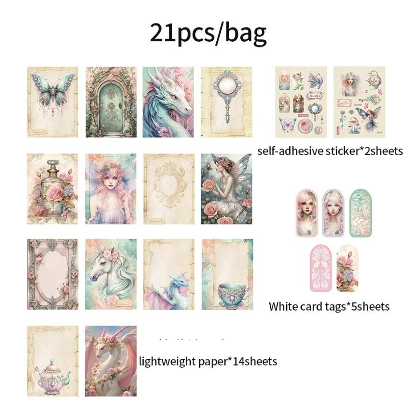 4Style 21Pcs/box Dark Fairy Tale Series Material Pack DIY Handbook Bookmark Scrapbook Photo Frame Calendar Card Envelope Journal