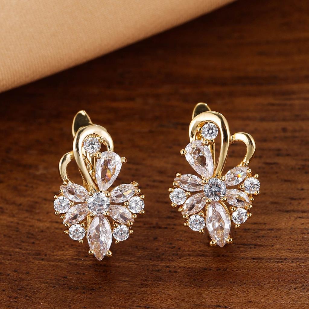 Deep Blue Crystal Zircon Flower Champagne Gold Ear Cuffs Wedding Earrings For Women Elegant Bridal Jewelry