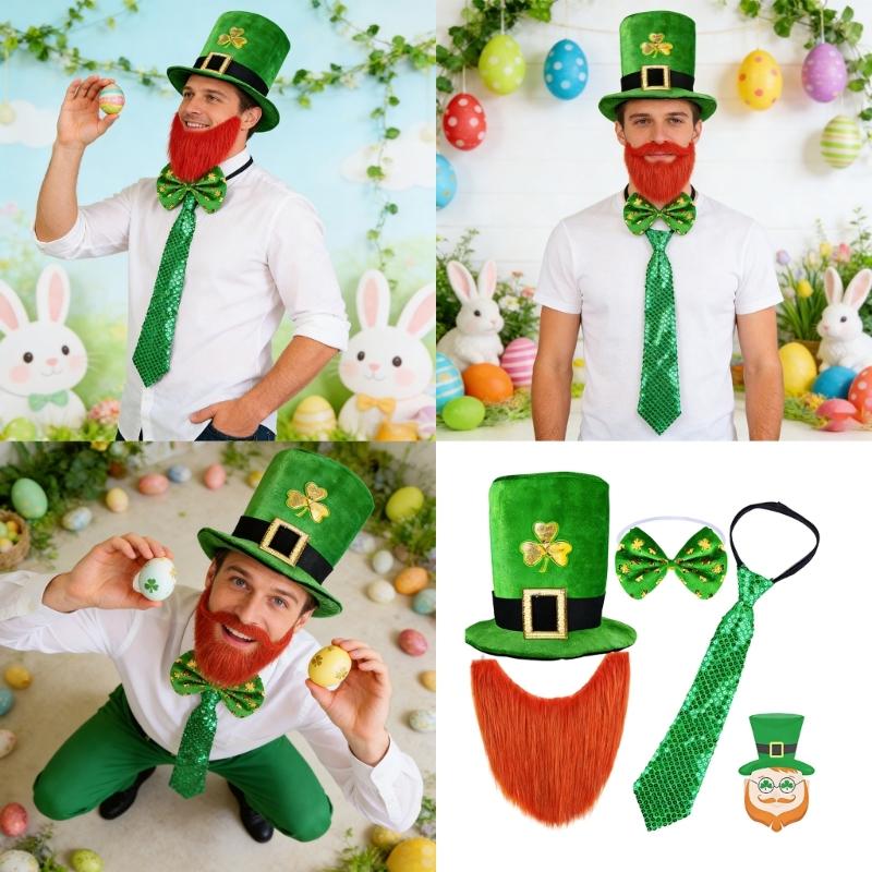 4Pcs Felts Hat With Bows Tie Ensemble Costume Outfit For Patrick's Day Festivities And Performances