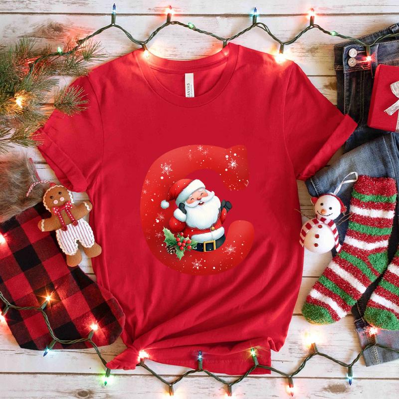 

Santa AZ Alphabet Womens Tshirt Christmas Party Casual Tee with Graphic Print Holiday Fashion Y2k Tops for Female Clothing S