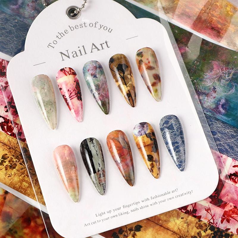 10 Sheets Feng Shui Ink Staining Nail Foils Transfer Paper Laser Nail Art Stickers Decal Pattern Printing Mold Manicure Tool