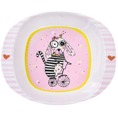[R0647] - Assiette bébé mélamine 'Saperlipopette' rose (chien Vivienne) - 16. 5x13. 5x4. 2 cm