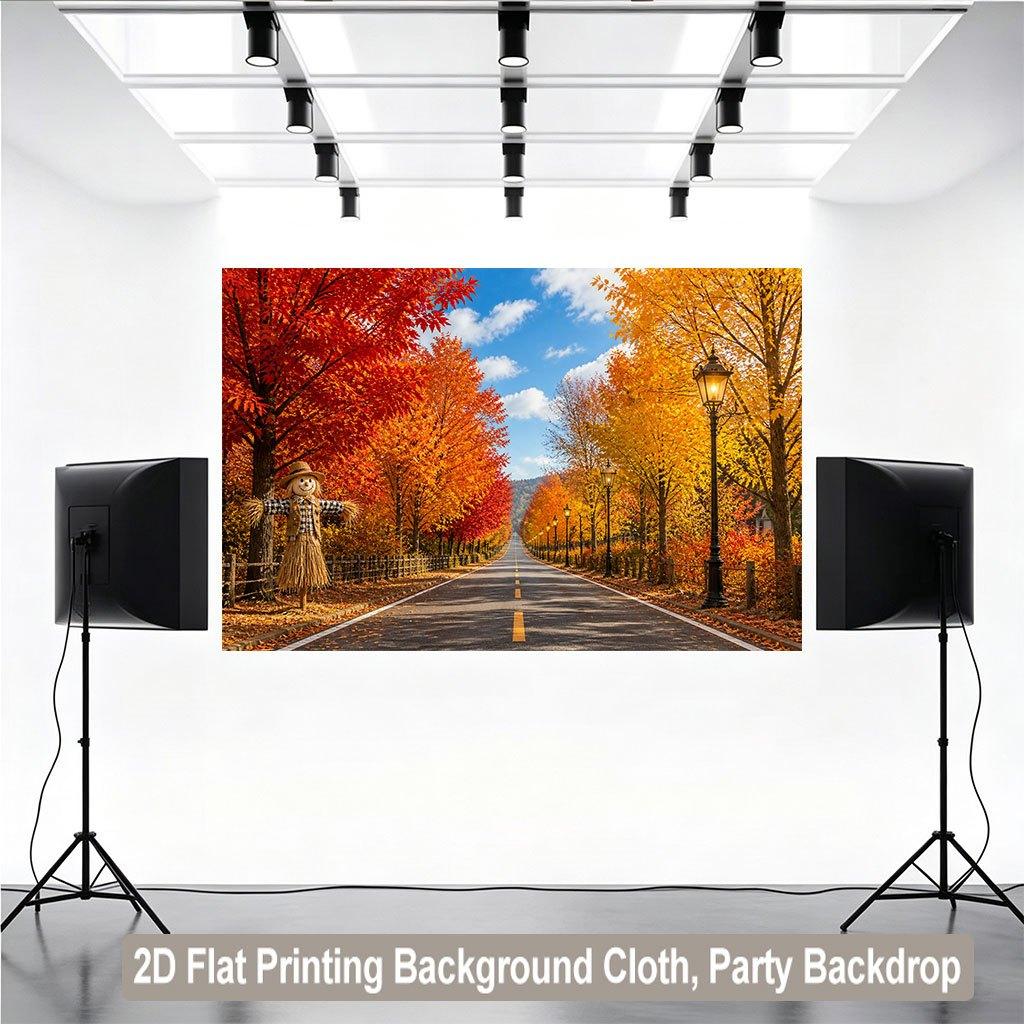 2D Flat Surface 1 Piece Autumn Roadside Backdrop with Lush Foliage Banner Suitable for Parties