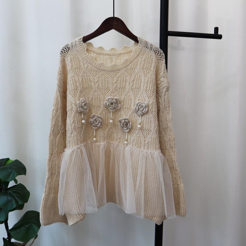 Splicing mesh three-dimensional flower knitted sweater top autumn and winter new design sweet sweater pullover woman