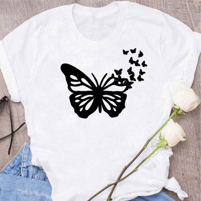 

New Butterfly Print T Shirt Women T Shirt Summer Fashion Female Tops Ladies Short Sleeve Graphic Tee Shirts Woman Cute T-Shirts S білий