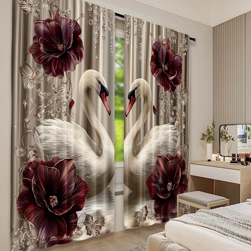 Set Of 2 Flat Printing Party Curtain Swans Roses Digital Printed Polyester Drapes Decorations Use Event Decoration