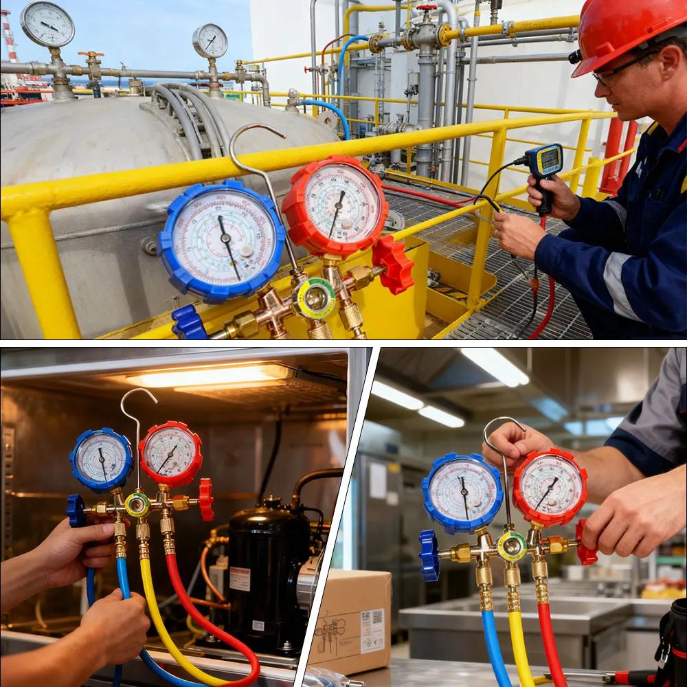 Pro 3 Way AC Diagnostic Manifold Gauge Set with Complete Hose and Hook Kit Advanced Refrigerant Testing Tool for R134A R22 R404A