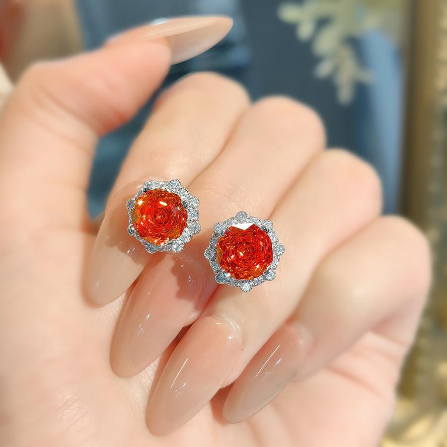 Rose Ring Octagonal Millennial Rose Cut Chinese Red Flower Necklace Pendant Set With High Carbon Diamond Stud Earrings Set