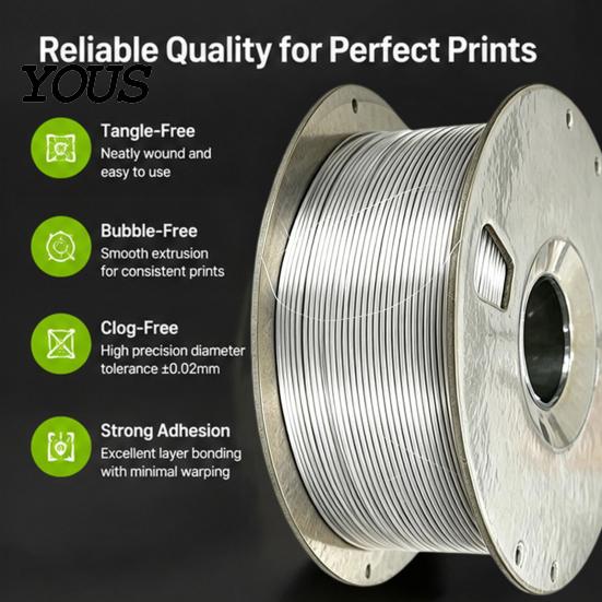 Metallic Silk Filament 1.75mm Silver PLA for 3D Printer, 1kg Spool Beginner Friendly Shiny Filament, Neatly Wound DIY Models Printing