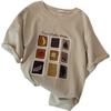 Women's Beige T-Shirt Casual Crew Neck Short-Sleeve Fruit Grid Print Loose Fit Top